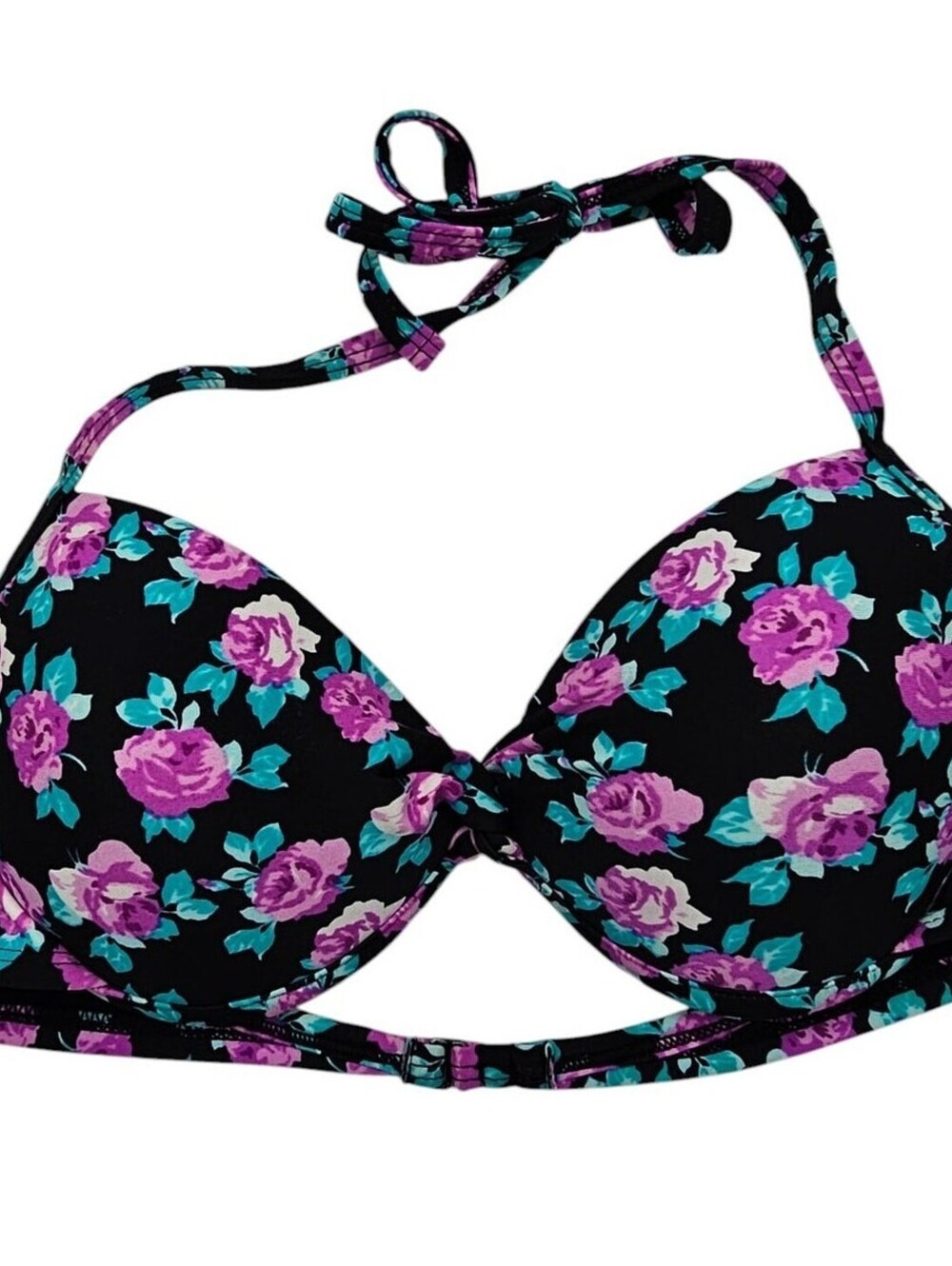 Xhilaration Womens Sz M Bikini Swimsuit Top Padded Black Purple Floral